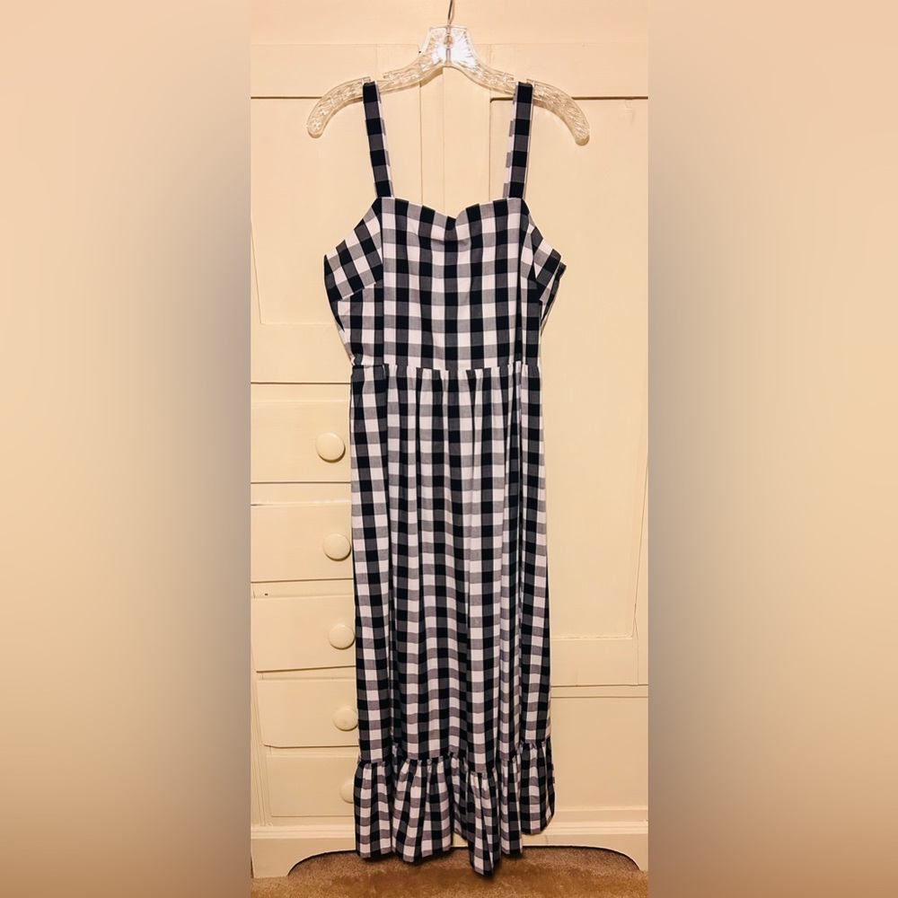 Medium J Crew gingham dress with ruffled hem (about 12”) and smocking on back